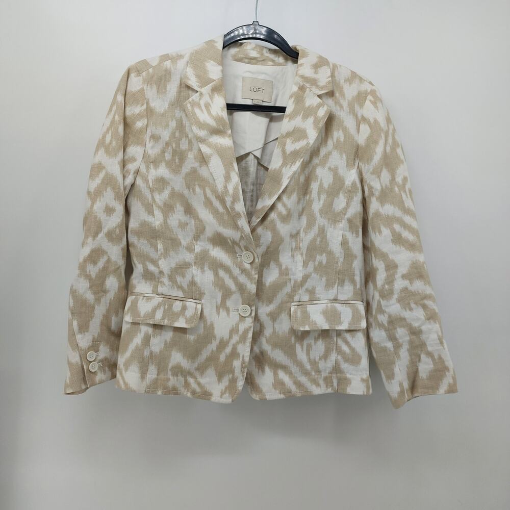 Loft Women's Blazer Jacket Beige Linen Neutral Greek Print 8